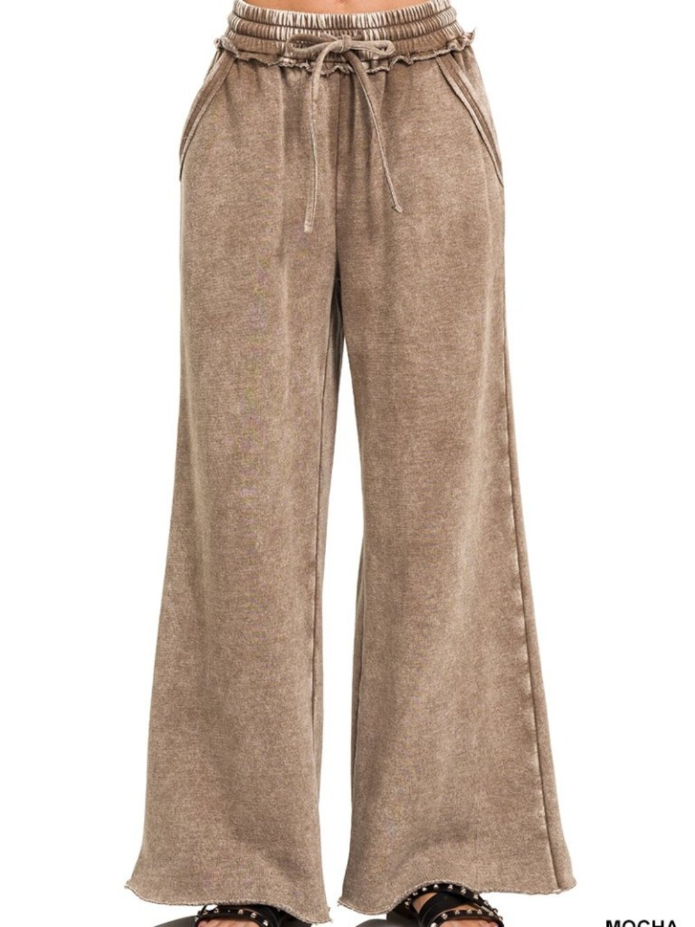 Acid Wash Fleece Palazzo Sweatpants With Pockets-Mocha